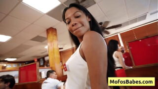 Two sexy and horny big tit waitresses share huge cock in public diner – Elana Bunnz, Eden West, Derek Savage